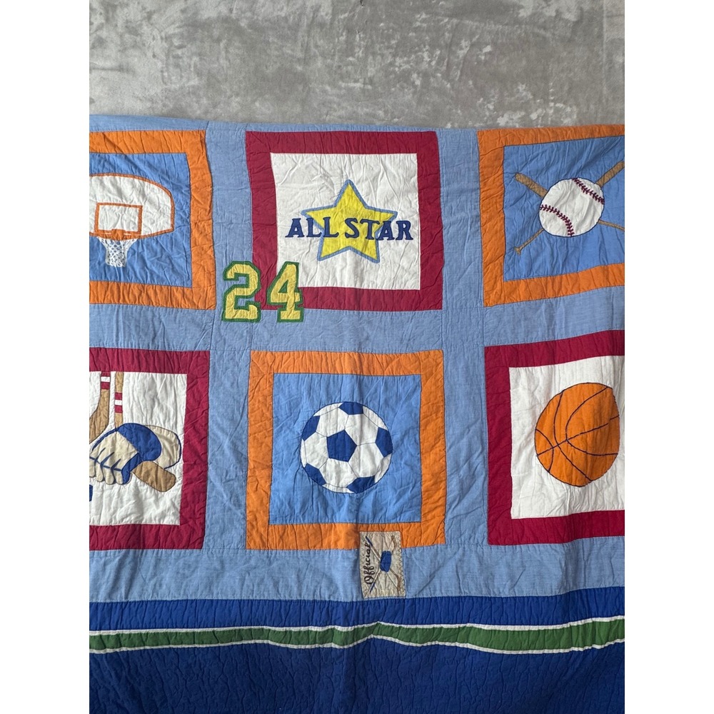 Vintage Sports Patchwork Quilt Blanket All Star Baseball Basketball Soccer Blue